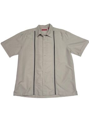 Men's Short Sleeve Cuban Camp Button-Up Shirt in Beige Vertical Stitch Detail L